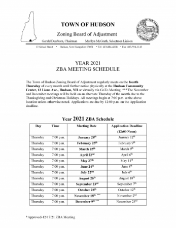 ZBA 2021 Meeting Schedule