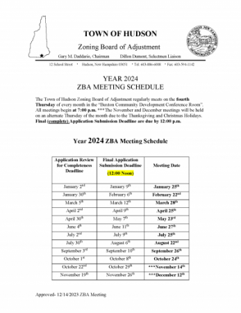 2024 ZBA Meeting Schedule