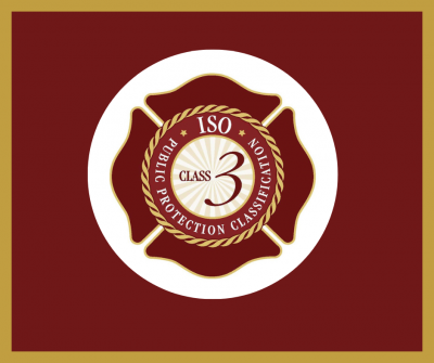 Maroon and gold circular logo with the words Class 3 in the middle of circle and the words ISO, Public Protection Classification