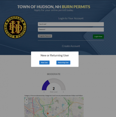 Burn permit main screen, white box with two blue boxes with white writing that says New User and Returning User