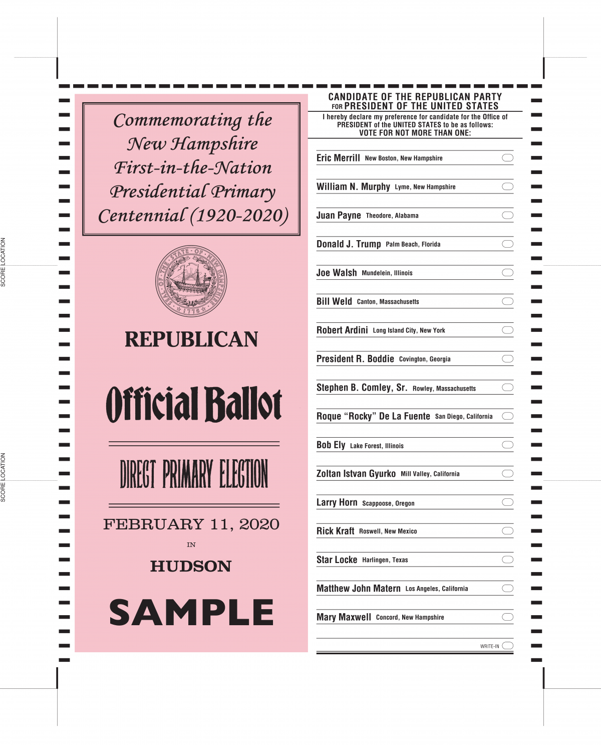 Sample Presidential Primary Ballot Republican Hudson New Hampshire